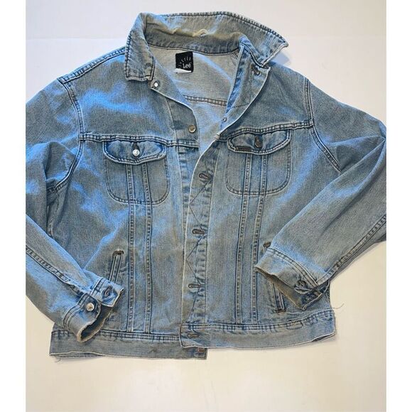 Vintage Lee Riveted Jacket Mens XL Blue Trucker Grunge Distressed Denim